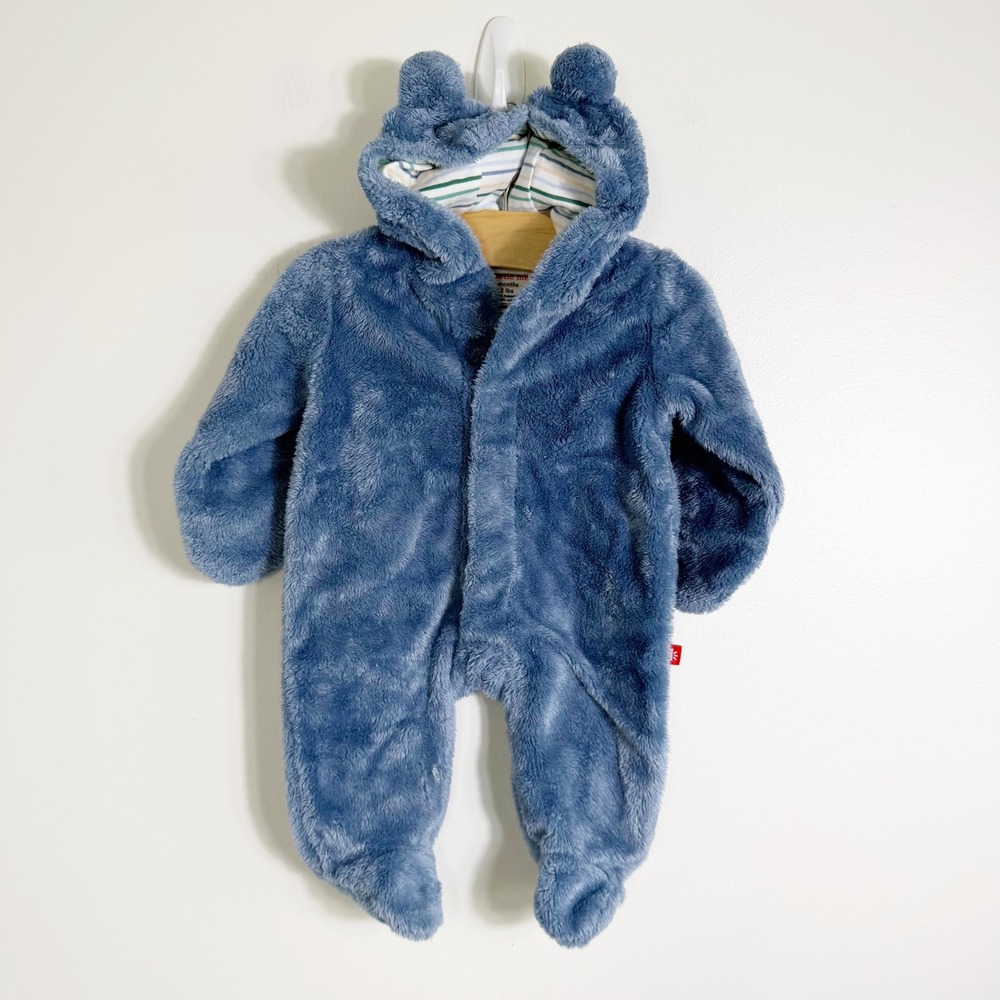Magnetic Me Pram Suit Boys 0-3 Months Blue Faux Fur Bear Ear Hooded Bunting